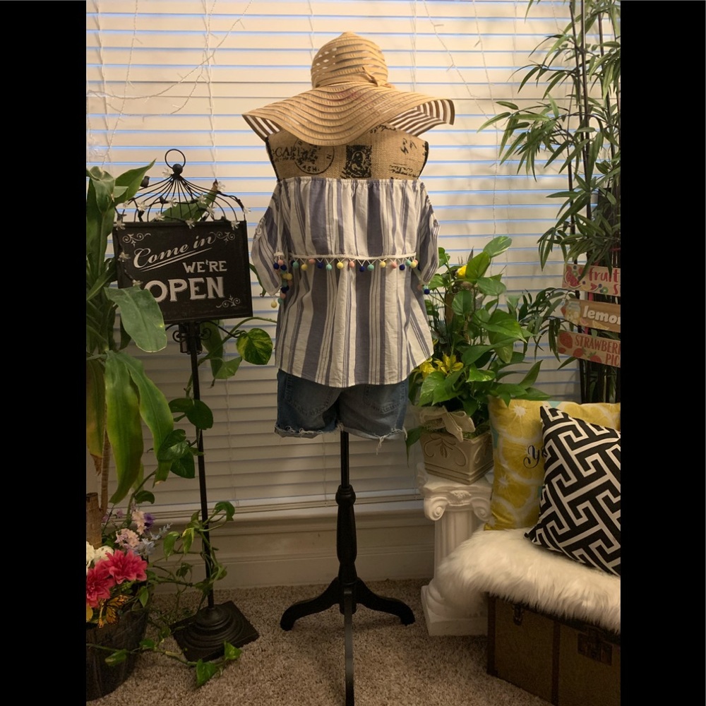 Promesa Striped Off Shoulder Top with Pom Poms. - Picture 12 of 15